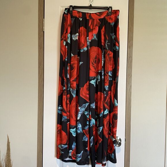 SheIn Pants - SHEIN Rose Motif Wide Leg Elastic Waist Pants Romantic Garden Inspired Retro 0XL